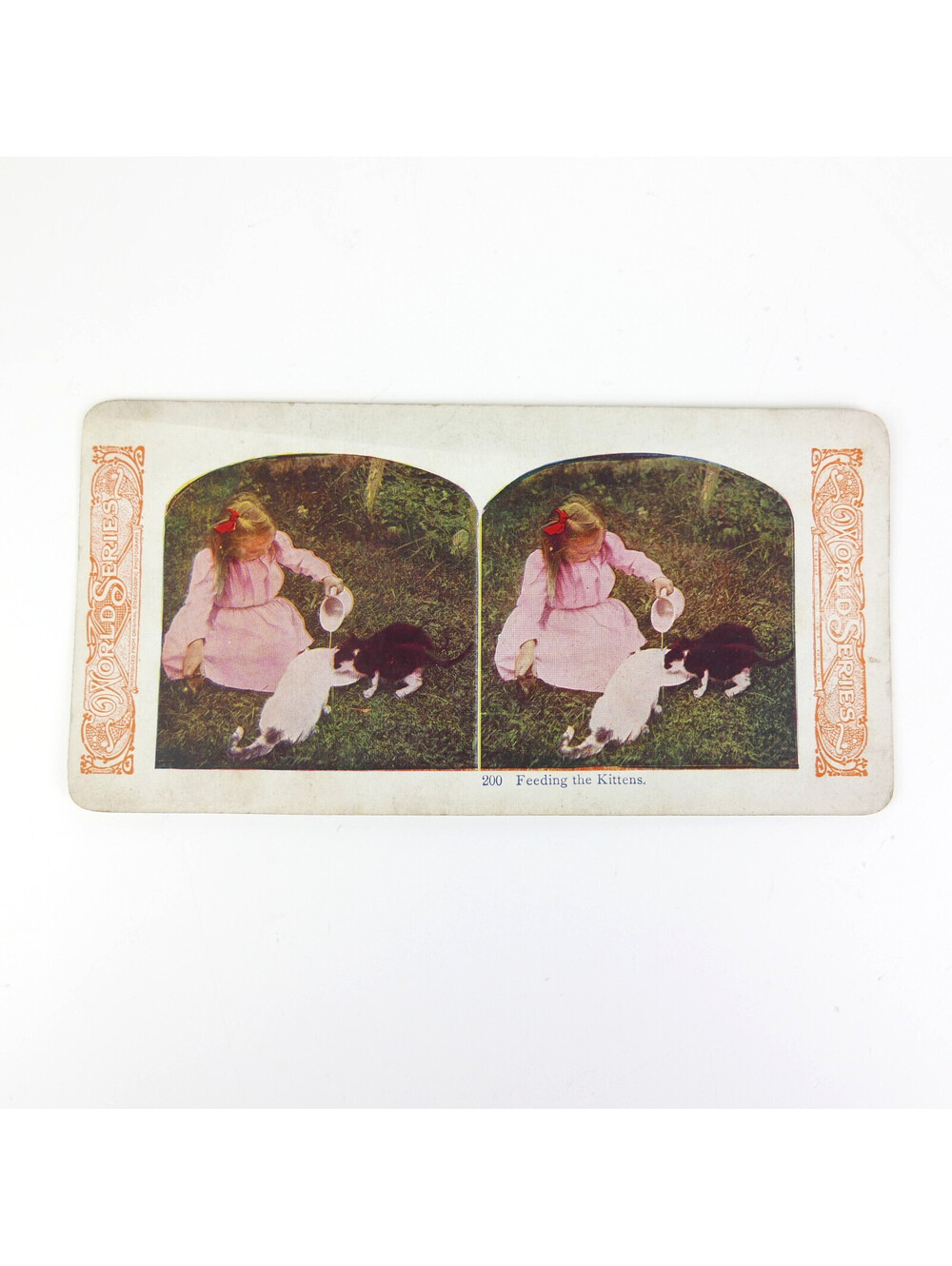 Antique 1905 Stereoview Card Feeding the Kittens Girl Cats World Series Kawin